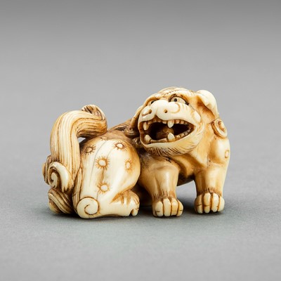 AN IVORY NETSUKE OF A WHIMSICAL SHISHI, EDO PERIOD