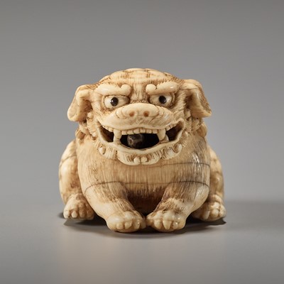 AN AMUSING IVORY NETSUKE OF A PLAYFUL SHISHI