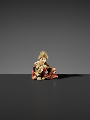 Lot 507 - KOGYOKU: A SMALL AND FINE ‘DARUMA AND COURTESAN’ TOKYO SCHOOL INLAID IVORY NETSUKE