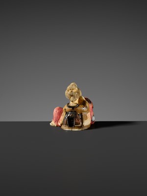 Lot 507 - KOGYOKU: A SMALL AND FINE ‘DARUMA AND COURTESAN’ TOKYO SCHOOL INLAID IVORY NETSUKE