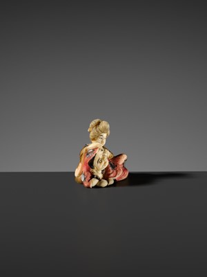 Lot 507 - KOGYOKU: A SMALL AND FINE ‘DARUMA AND COURTESAN’ TOKYO SCHOOL INLAID IVORY NETSUKE