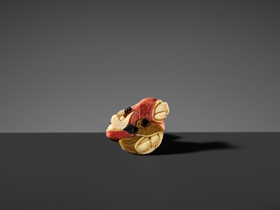 Lot 507 - KOGYOKU: A SMALL AND FINE ‘DARUMA AND COURTESAN’ TOKYO SCHOOL INLAID IVORY NETSUKE