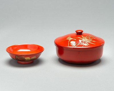 Lot 45 - A RED LACQUER NIMONO WAN (BOWL WITH COVER) AND A SMALL KOBACHI (DISH)