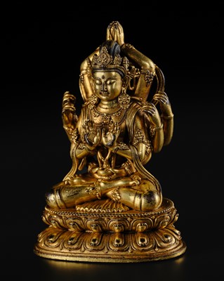 Lot 84 - AN EXTREMELY FINE MINIATURE GILT-BRONZE FIGURE OF NAMASANGITI, QING DYNASTY