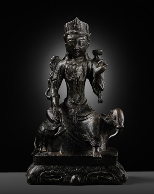 A RARE BRONZE FIGURE OF SAMANTABHADRA RIDING AN ELEPHANT, SONG DYNASTY