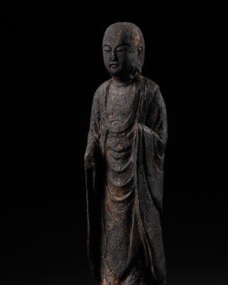 Lot 158 - A RARE CARVED CYPRESS WOOD FIGURE OF JIZO BOSATSU, HEIAN PERIOD