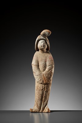 Lot 128 - A PAINTED RED POTTERY FIGURE OF A COURT LADY, TANG DYNASTY
