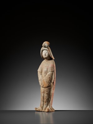 Lot 128 - A PAINTED RED POTTERY FIGURE OF A COURT LADY, TANG DYNASTY