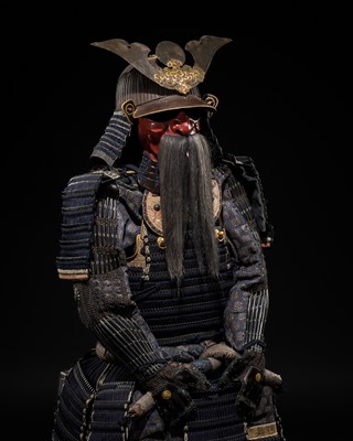 Lot 116 - A FINE NIMAI-DO GUSOKU (TWO PIECE CUIRASS ARMOR) WITH FUJIWARA CLAN MON AND AN IRON SUJIBACHI KABUTO AND RED-LACQUERED MENPO