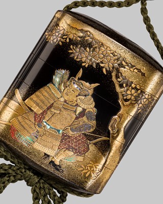 Lot 385 - KAJIKAWA: A SUPERB FOUR-CASE INLAID GOLD-LACQUER INRO SET WITH MINAMOTO NO YOSHITSUNE BESIDE A CHERRY TREE