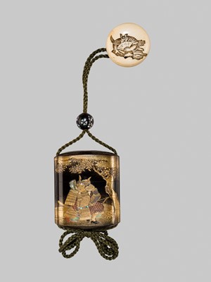 Lot 385 - KAJIKAWA: A SUPERB FOUR-CASE INLAID GOLD-LACQUER INRO SET WITH MINAMOTO NO YOSHITSUNE BESIDE A CHERRY TREE