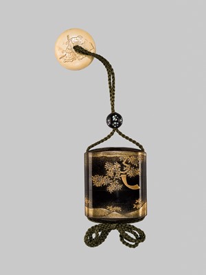 Lot 385 - KAJIKAWA: A SUPERB FOUR-CASE INLAID GOLD-LACQUER INRO SET WITH MINAMOTO NO YOSHITSUNE BESIDE A CHERRY TREE