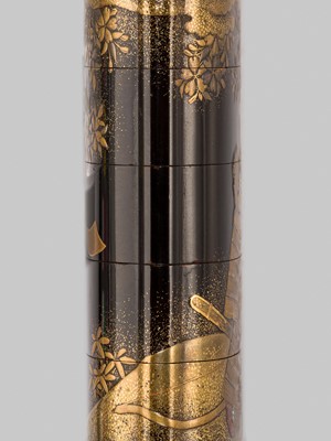 Lot 385 - KAJIKAWA: A SUPERB FOUR-CASE INLAID GOLD-LACQUER INRO SET WITH MINAMOTO NO YOSHITSUNE BESIDE A CHERRY TREE