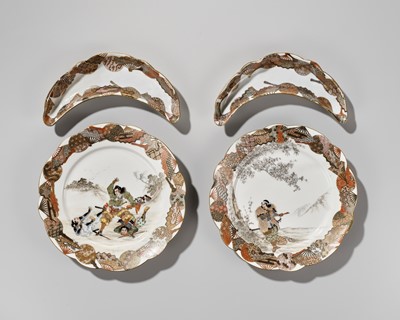 Lot 1087 - IMURA HIKOJIRO: A SET OF SETO YOKOHOMA PORCELAIN DISHES WITH SAMURAI SCENES