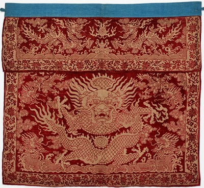 Lot 508 - A RUBY-RED VELVET AND GOLD BROCADE ‘DRAGON’ ALTAR FRONTAL, QING DYNASTY