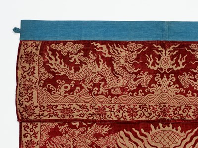 Lot 508 - A RUBY-RED VELVET AND GOLD BROCADE ‘DRAGON’ ALTAR FRONTAL, QING DYNASTY