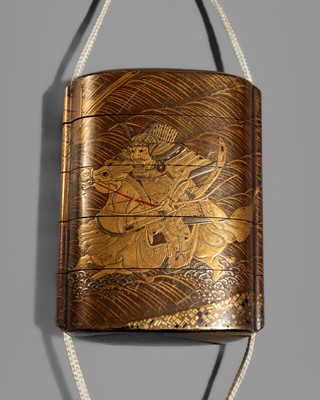 Lot 147 - A FOUR-CASE LACQUER INRO DEPICTING A SCENE FROM THE BATTLE OF THE UJI RIVER