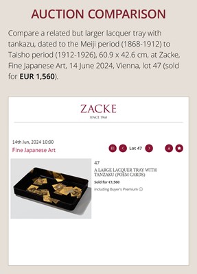 Lot 1564 - A BLACK AND GOLD LACQUER TRAY DEPICTING THREE TANZAKU (POEM CARDS)