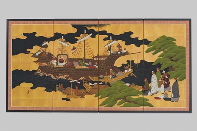 Lot 1329 - A FOUR-PANEL BYOBU (FOLDING SCREEN) DEPICTING PORTUGUESE MERCHANTS