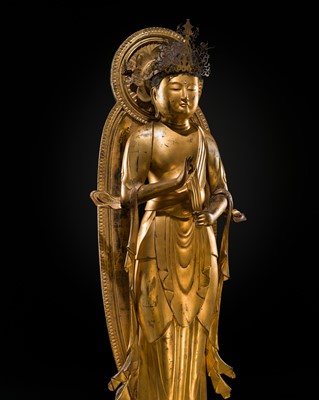 A VERY LARGE (136 CM) AND IMPRESSIVE GILT-LACQUERED WOOD FIGURE OF SHO-KANNON, EARLY EDO PERIOD
