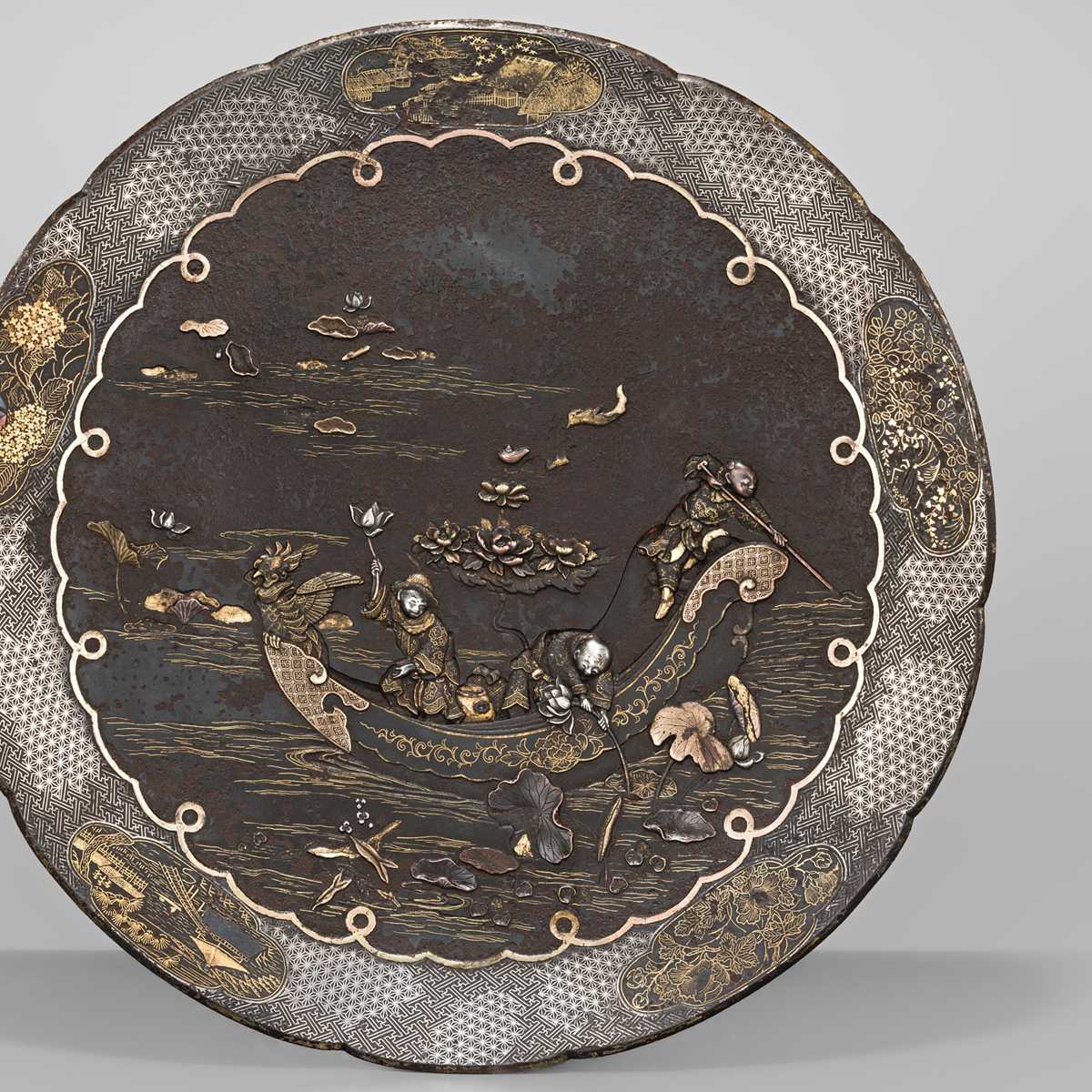 Lot 33 - INOUE OF KYOTO: A FINE KOMAI-STYLE MIXED-METAL-INLAID IRON DISH