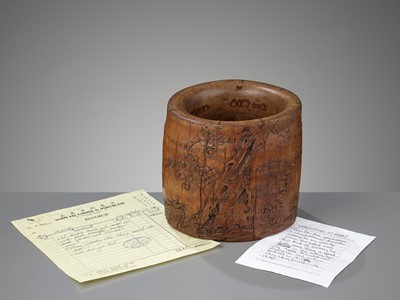 Lot 542 - AN INSCRIBED BAMBOO BRUSH POT, BITONG, DATED TO THE YEAR 1817