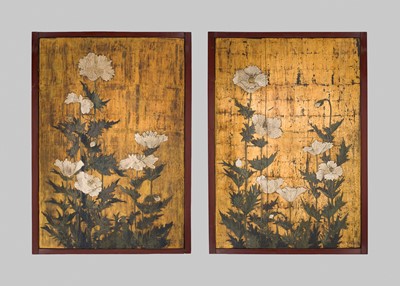 Lot 265 - A PAIR OF LARGE RINPA SCHOOL ‘POPPIES’ FUSUMA (SLIDING DOOR) PANELS, EX-COLLECTION WILLIAM GLADSTONE, FORMER BRITISH PRIME MINISTER