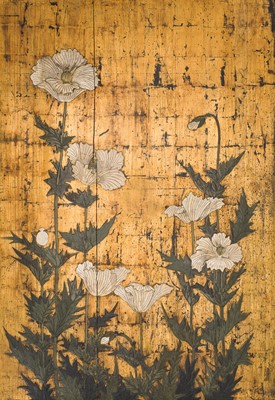 Lot 265 - A PAIR OF LARGE RINPA SCHOOL ‘POPPIES’ FUSUMA (SLIDING DOOR) PANELS, EX-COLLECTION WILLIAM GLADSTONE, FORMER BRITISH PRIME MINISTER