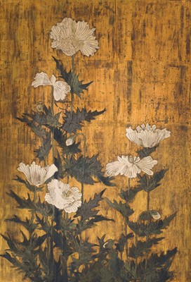 Lot 265 - A PAIR OF LARGE RINPA SCHOOL ‘POPPIES’ FUSUMA (SLIDING DOOR) PANELS, EX-COLLECTION WILLIAM GLADSTONE, FORMER BRITISH PRIME MINISTER
