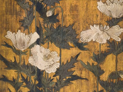 Lot 265 - A PAIR OF LARGE RINPA SCHOOL ‘POPPIES’ FUSUMA (SLIDING DOOR) PANELS, EX-COLLECTION WILLIAM GLADSTONE, FORMER BRITISH PRIME MINISTER