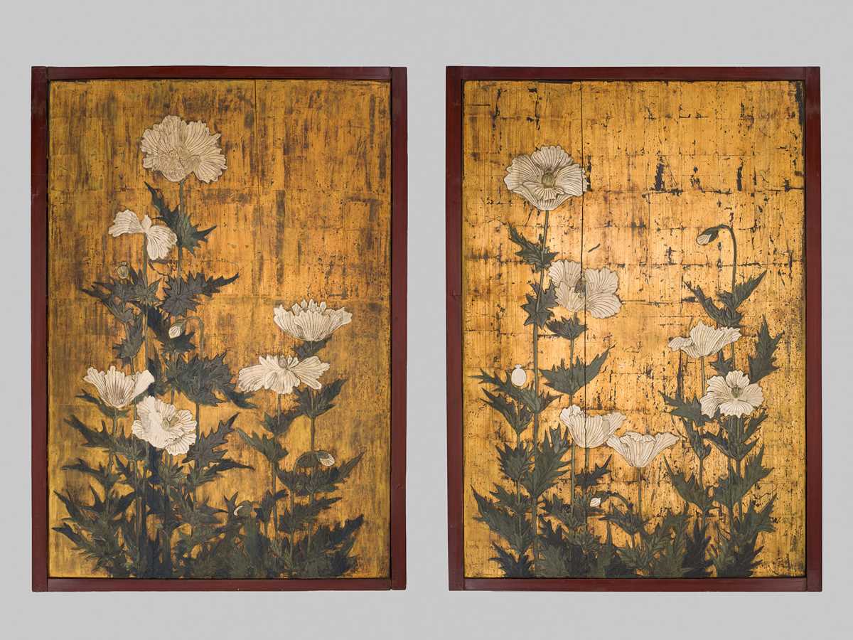 Lot 265 - A PAIR OF LARGE RINPA SCHOOL ‘POPPIES’ FUSUMA (SLIDING DOOR) PANELS, EX-COLLECTION WILLIAM GLADSTONE, FORMER BRITISH PRIME MINISTER