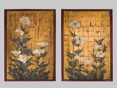 Lot 265 - A PAIR OF LARGE RINPA SCHOOL ‘POPPIES’ FUSUMA (SLIDING DOOR) PANELS, EX-COLLECTION WILLIAM GLADSTONE, FORMER BRITISH PRIME MINISTER