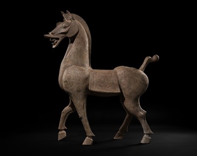 Lot 140 - A MONUMENTAL AND HIGHLY IMPORTANT SICHUAN POTTERY HORSE, HAN DYNASTY, THE LARGEST EVER RECORDED FROM THIS GROUP