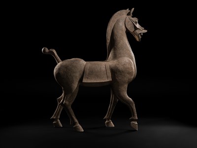 Lot 140 - A MONUMENTAL AND HIGHLY IMPORTANT SICHUAN POTTERY HORSE, HAN DYNASTY, THE LARGEST EVER RECORDED FROM THIS GROUP