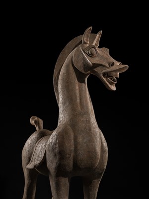 Lot 140 - A MONUMENTAL AND HIGHLY IMPORTANT SICHUAN POTTERY HORSE, HAN DYNASTY, THE LARGEST EVER RECORDED FROM THIS GROUP