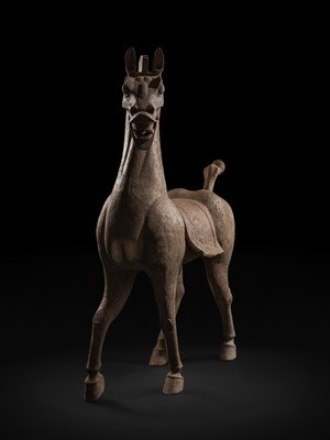 Lot 140 - A MONUMENTAL AND HIGHLY IMPORTANT SICHUAN POTTERY HORSE, HAN DYNASTY, THE LARGEST EVER RECORDED FROM THIS GROUP