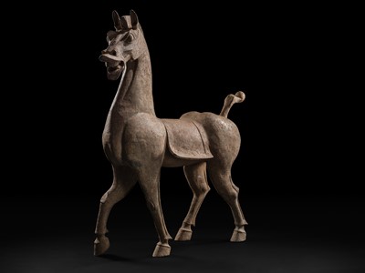 Lot 140 - A MONUMENTAL AND HIGHLY IMPORTANT SICHUAN POTTERY HORSE, HAN DYNASTY, THE LARGEST EVER RECORDED FROM THIS GROUP