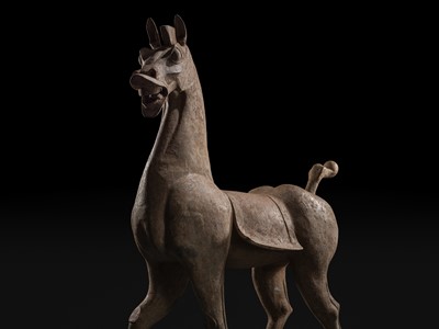 Lot 140 - A MONUMENTAL AND HIGHLY IMPORTANT SICHUAN POTTERY HORSE, HAN DYNASTY, THE LARGEST EVER RECORDED FROM THIS GROUP