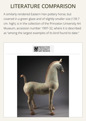 Lot 140 - A MONUMENTAL AND HIGHLY IMPORTANT SICHUAN POTTERY HORSE, HAN DYNASTY, THE LARGEST EVER RECORDED FROM THIS GROUP