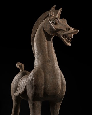 Lot 140 - A MONUMENTAL AND HIGHLY IMPORTANT SICHUAN POTTERY HORSE, HAN DYNASTY, THE LARGEST EVER RECORDED FROM THIS GROUP