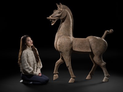 Lot 140 - A MONUMENTAL AND HIGHLY IMPORTANT SICHUAN POTTERY HORSE, HAN DYNASTY, THE LARGEST EVER RECORDED FROM THIS GROUP