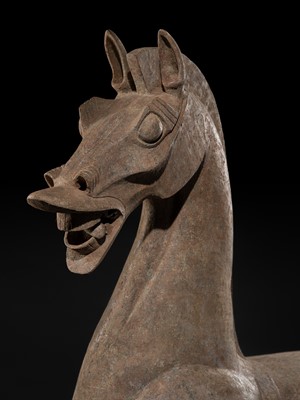 Lot 140 - A MONUMENTAL AND HIGHLY IMPORTANT SICHUAN POTTERY HORSE, HAN DYNASTY, THE LARGEST EVER RECORDED FROM THIS GROUP
