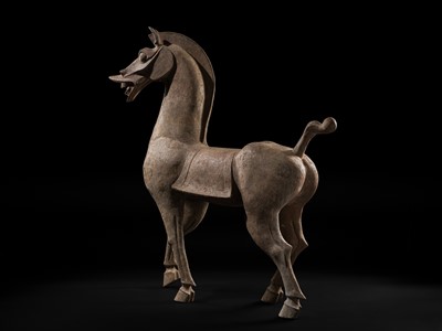 Lot 140 - A MONUMENTAL AND HIGHLY IMPORTANT SICHUAN POTTERY HORSE, HAN DYNASTY, THE LARGEST EVER RECORDED FROM THIS GROUP