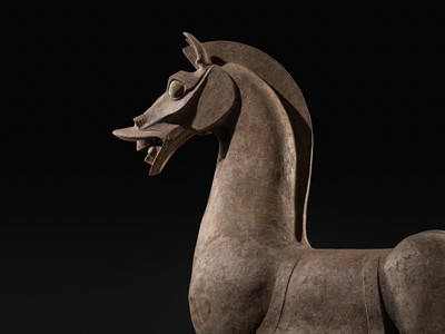Lot 140 - A MONUMENTAL AND HIGHLY IMPORTANT SICHUAN POTTERY HORSE, HAN DYNASTY, THE LARGEST EVER RECORDED FROM THIS GROUP