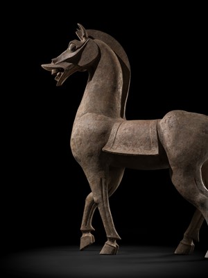 Lot 140 - A MONUMENTAL AND HIGHLY IMPORTANT SICHUAN POTTERY HORSE, HAN DYNASTY, THE LARGEST EVER RECORDED FROM THIS GROUP