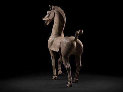 Lot 140 - A MONUMENTAL AND HIGHLY IMPORTANT SICHUAN POTTERY HORSE, HAN DYNASTY, THE LARGEST EVER RECORDED FROM THIS GROUP