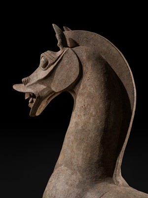 Lot 140 - A MONUMENTAL AND HIGHLY IMPORTANT SICHUAN POTTERY HORSE, HAN DYNASTY, THE LARGEST EVER RECORDED FROM THIS GROUP