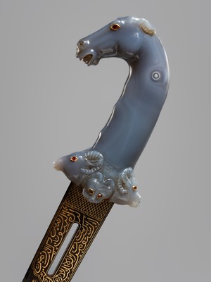 Lot 1456 - A MUGHAL-STYLE AGATE-HILTED DAGGER, KHANJAR, c. 1900s