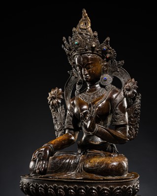 Lot 53 - A LARGE (78 CM) INLAID BRONZE FIGURE OF WHITE TARA, NEPAL, 19TH–EARLY 20TH CENTURY