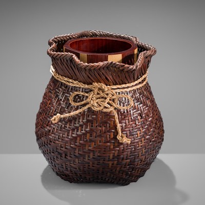 Lot 246 - OKAZAKI CHIKUHOSAI II: A BAMBOO AND RATTAN HANAKAGO (FLOWER BASKET)